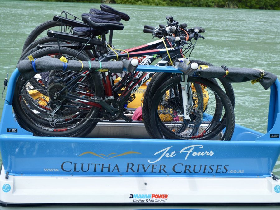 close up of bikes on a Clutha River Cruises jetboat ready to complete the boat transfer on the Roxburgh Gorge Cycle Trail.